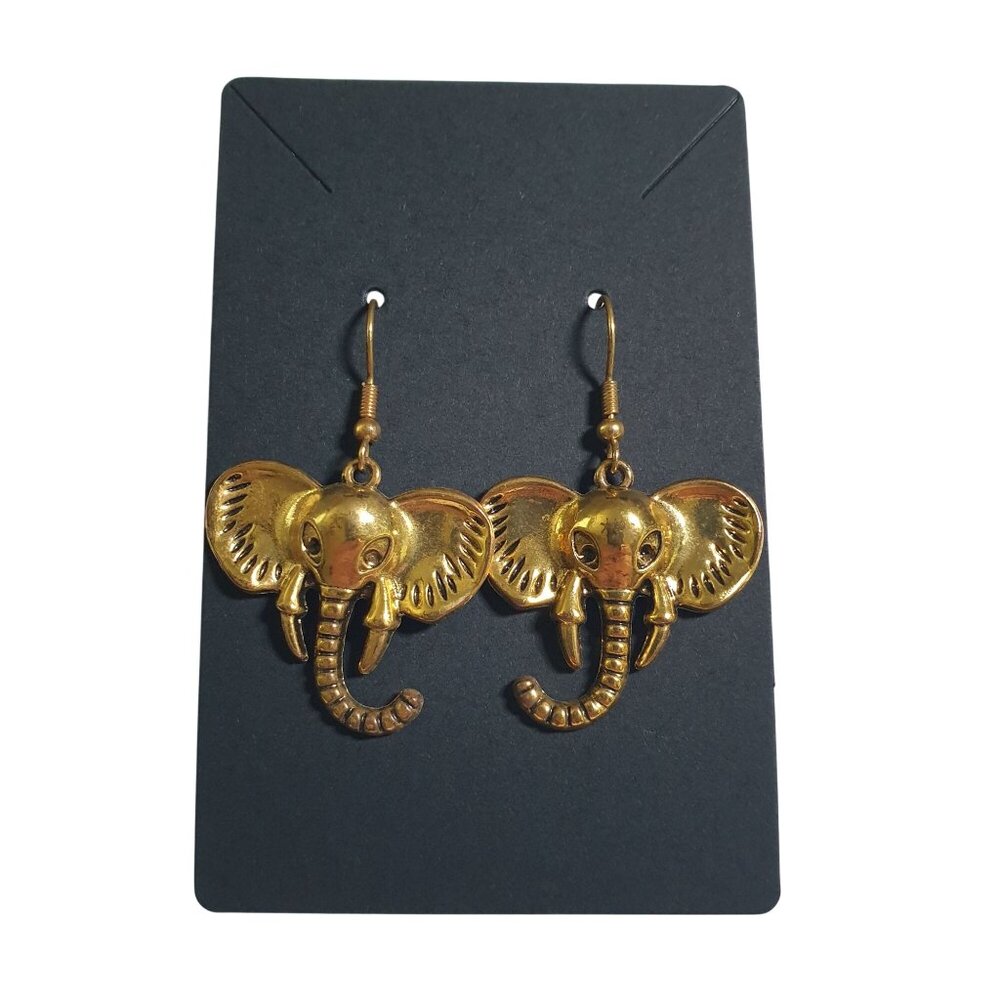 Gold Tone Elephant Dangle Earrings Women Zoo Safari Hook Backings India Vintage